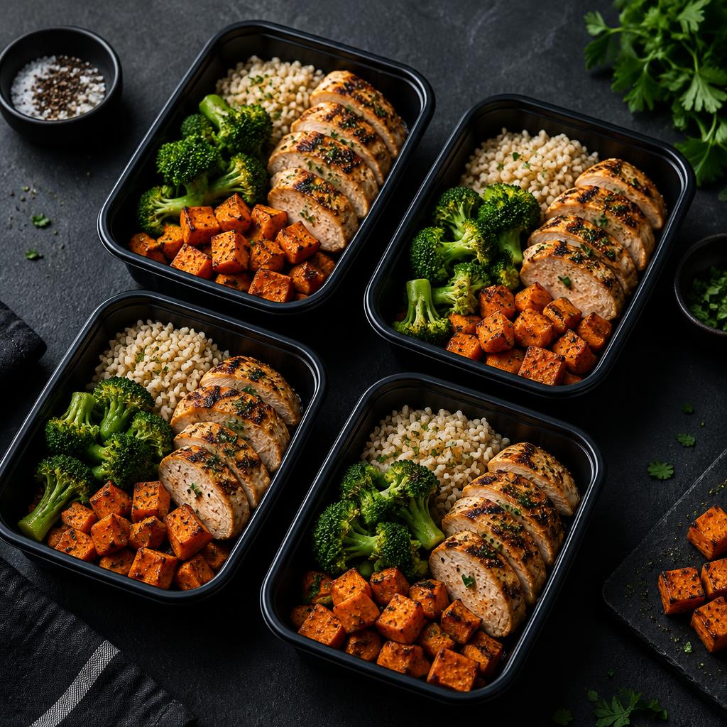 Marmitas fit com frango grelhado, brócolos e batata-doce
