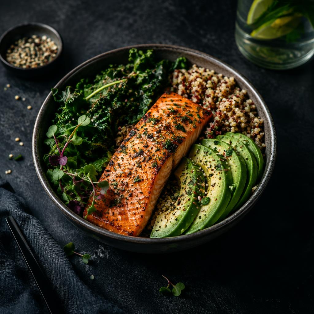 Bowl proteico com salmão, abacate e quinoa