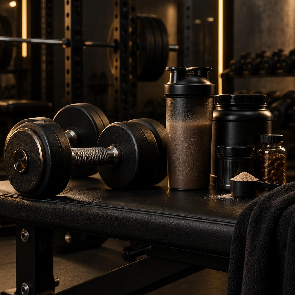 Equipamento de treino e suplementação para o Guia de Hipertrofia ALENCAR